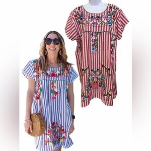 Mexican Embroidered Traditional Huipil Tunic Oaxaca Dress Red White Stripe XXL